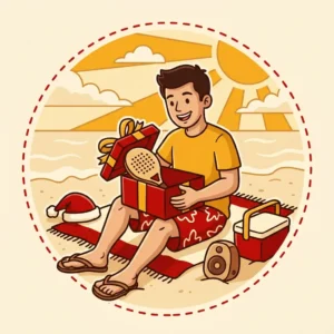 Ideias de Presente de Natal para Namorado: 10 para o Verão Dele Ilustração em estilo cartoon de rapaz na praia abrindo presente de Natal com raquete de beach tennis, caixa de som e caixa térmica na areia — ideias de presente de Natal para namorado