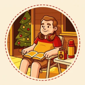 Ilustração em estilo cartoon de pai na varanda com fone de ouvido, livro e caixa de som, com a árvore de Natal ao fundo dentro de casa — ideias de presente de Natal para pai
