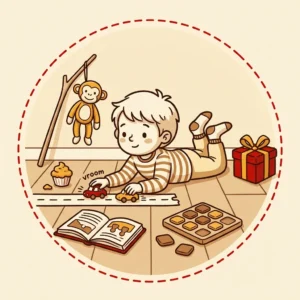 Ideias de Presente para Criança de 4 Anos: 10 para Quem Já Inventa a História Ilustração em estilo cartoon de criança de 4 anos inventando uma história com carrinhos, massinha, jogo da memória e livro ilustrado — ideias de presente para criança de 4 anos