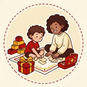 Ideias de Presente para Criança de 5 Anos: 10 para Quem Está Aprendendo a Jogar com Regra Ilustração em estilo cartoon de criança de 5 anos jogando cartas com um adulto no tapete, com blocos grandes e maleta de médico ao lado — ideias de presente para criança de 5 anos
