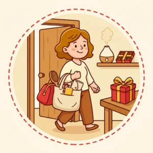 Ideias de Presente para Cunhada: 10 Úteis que Não Exigem Intimidade Ilustração em estilo cartoon de mulher saindo de casa com bolsa, escova de cabelo, carregador portátil e lancheira térmica — ideias de presente para cunhada