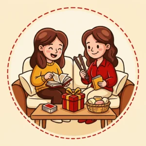 Ideias de Presente para Irmã: 10 para Cuidar, Conversar e Lembrar Ilustração em estilo cartoon de duas irmãs no sofá com álbum de fotos, chapinha, livro de perguntas e cartas de jogo — ideias de presente para irmã