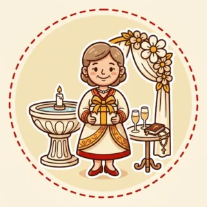 Ideias de Presente para Madrinha: 10 que Servem para Batizado e Casamento Ilustração em estilo cartoon de madrinha com presente entre uma pia batismal e um arco de flores de casamento, com taças, Bíblia e terço — ideias de presente para madrinha