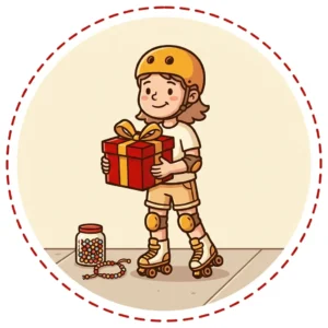 Ideias de Presente para Menina de 10 Anos: 10 que Ela Mesma Escolheria Ilustração em estilo cartoon de menina de 10 anos de patins e capacete segurando uma caixa de presente, com kit de miçangas ao lado — ideias de presente para menina de 10 anos