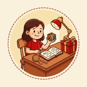 Ideias de Presente para Menina de 11 Anos: 10 que Ela Não Vai Esconder das Amigas Ilustração em estilo cartoon de menina de 11 anos mostrando um cubo mágico na mesa do quarto, com caderno de desenho e crochê ao lado — ideias de presente para menina de 11 anos