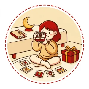 Ilustração em estilo cartoon de menina de 12 anos fotografando com câmera instantânea no quarto, com luminária de lua e diário com cadeado ao fundo — ideias de presente para menina de 12 anos