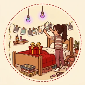 Ideias de Presente para Menina de 13 Anos: 10 para o Quarto, a Pele e a Turma Ilustração em estilo cartoon de menina de 13 anos pendurando fotos num varal de luzes no quarto, com lâmpada colorida, hidratante e jogo de tabuleiro ao fundo — ideias de presente para menina de 13 anos