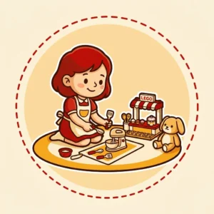 Ideias de Presente para Menina de 6 Anos: 10 para a Fase do Faz de Conta Ilustração em estilo cartoon de menina de 6 anos brincando de cozinhar de mentira com kit de confeitaria, com set de LEGO Friends e pelúcia ao lado — ideias de presente para menina de 6 anos