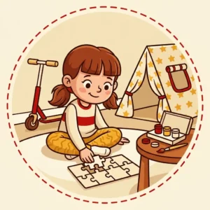 Ilustração em estilo cartoon de menina de 7 anos montando um quebra-cabeça sozinha no quarto, com maleta de pintura e patinete ao lado — ideias de presente para menina de 7 anos