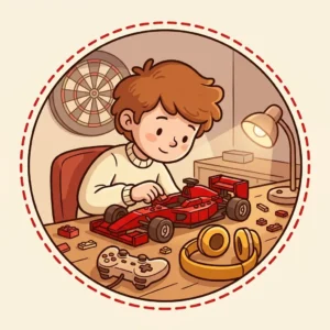 Ilustração em estilo cartoon de menino de 10 anos montando um carrinho de LEGO de Fórmula 1 na mesa, com fone e controle de videogame ao lado — ideias de presente para menino de 10 anos