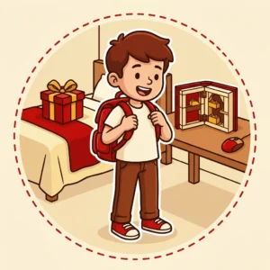 Ideias de Presente para Menino de 11 Anos: 10 para a Idade do 6º Ano Ilustração em estilo cartoon de menino de 11 anos colocando uma mochila nova nas costas, com set de LEGO e mouse sobre a mesa do quarto — ideias de presente para menino de 11 anos