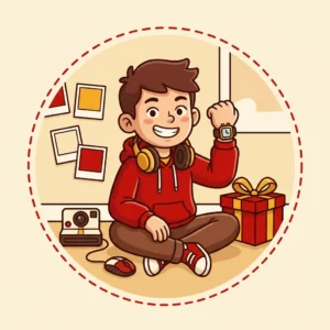 Ilustração em estilo cartoon de menino de 12 anos com fone no pescoço mostrando um relógio digital, com câmera instantânea e mouse ao lado — ideias de presente para menino de 12 anos