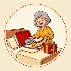 Ideias de Presente para Mulher de 60 Anos: 10 para o que Ela Deixou para Depois Ilustração em estilo cartoon de mulher de 60 anos arrumando a mala de viagem com estojo de aquarela, ao lado de uma caixa de presente — ideias de presente para mulher de 60 anos