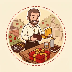 Ideias de Presente para Padrinho: 10 que Ele Usa Todo Dia e Lembra de Quem Deu Ilustração em estilo cartoon de padrinho sorrindo num churrasco com carteira, relógio, utensílios, copo de whisky e Bíblia — ideias de presente para padrinho