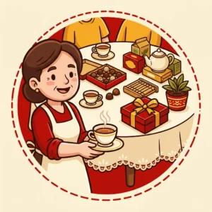 Ilustração em estilo cartoon de tia sorrindo numa mesa de almoço de família com xícaras, chocolates, chá e toalha de renda — ideias de presente para tia