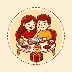 Ilustração em estilo cartoon de casal comemorando um ano de namoro com álbum de fotos, caixa de som, cartas de conversa, relógio e carteira — presente de 1 ano de namoro