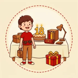 Presente de 18 Anos: 10 Ideias para Quem Começa a Vida Adulta Ilustração em estilo cartoon de jovem com mala de bordo diante do bolo de 18 anos, com caixa de ferramentas, óculos de sol, box de livros, caixa de som, carteira e luminária — presente de 18 anos