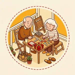 Ilustração em estilo cartoon de casal aposentado na varanda com dominó, quebra-cabeça, caça-palavras, xadrez, kit de jardinagem, cadeira e pantufas — presente de aposentadoria