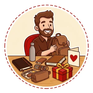 Ilustração em estilo cartoon de colega de trabalho com mochila no último dia, com agenda, garrafa térmica, power bank, organizador de cabos e livro — presente de despedida