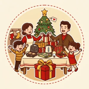 Ilustração em estilo cartoon de família à mesa de Natal com presentes, sanduicheira, chaleira, jogo de tabuleiro, lâmpada e caixa de chocolates — presente de Natal até 100 reais