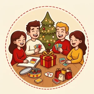 Ilustração em estilo cartoon de quatro amigos rindo numa noite de jogos de cartas e poker perto da árvore de Natal — presente de Natal para amigo