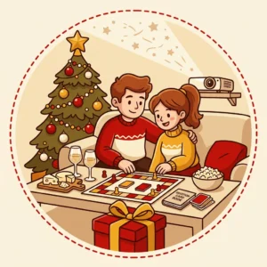 Ilustração em estilo cartoon de casal no sofá jogando um jogo de tabuleiro com tábua de frios, taças, pipoca e projetor de estrelas — presente de Natal para casal