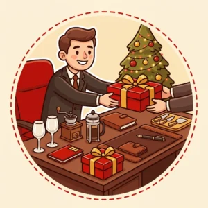 Ilustração em estilo cartoon de profissional em escritório entregando presente, com taças de cristal, moedor de café, French Press, agenda, desk pad, caneta e carteira — presente de Natal para clientes