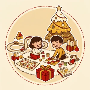 Presente de Natal para Criança: 10 Ideias de R$ 15 a R$ 80 para Brincar na Noite de Natal Ilustração em estilo cartoon de duas crianças brincando na sala ao lado da árvore de Natal, com pista de carrinhos, blocos, jogos, quebra-cabeça, massinha e boneca — presente de Natal para criança