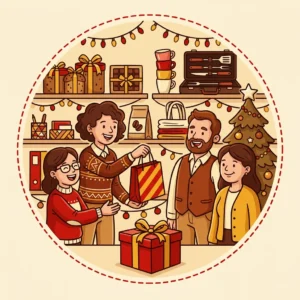 Ilustração em estilo cartoon de gestora entregando sacolas de Natal à equipe no escritório, com panetones, bombons, xícaras, kit churrasco, ecobags e café — presente de Natal para funcionários