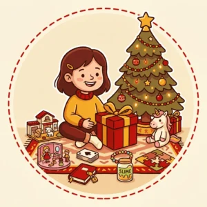 Ilustração em estilo cartoon de uma menina na sala ao lado da árvore de Natal, com LEGO, boneca, jogo de cartas, diário com cadeado, unicórnio de pelúcia, miçangas e slime — presente de Natal para menina