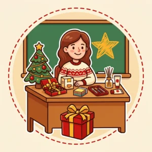Ilustração em estilo cartoon de professora na mesa da sala de aula com bombons, chá, notas adesivas, canetas, difusor e creme de mãos — presente de Natal para professora
