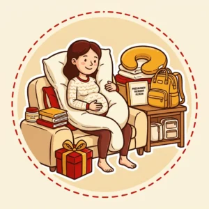 Presente para Gestante: 10 Ideias para a Gravidez e o Pós-Parto Ilustração em estilo cartoon de gestante abraçada a um travesseiro de corpo, com creme, livros, mochila de maternidade, almofada de amamentação e álbum da gravidez — presente para gestante