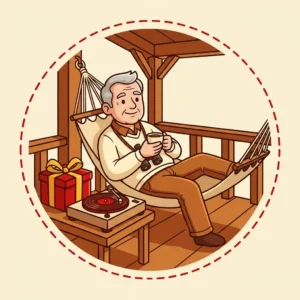 Presente para Homem de 60 Anos: 10 Ideias para o Tempo Livre que Está Chegando Ilustração em estilo cartoon de homem de 60 anos descansando na rede da varanda com binóculo e café, ao lado de uma vitrola e uma caixa de presente — presente para homem de 60 anos