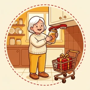 Presente para Idoso de 70 Anos: 10 Ideias que Tiram o Esforço, Não a Independência Ilustração em estilo cartoon de senhora de 70 anos abrindo um pote sozinha na cozinha, com carrinho de feira e caixa de presente ao lado — presente para idoso de 70 anos
