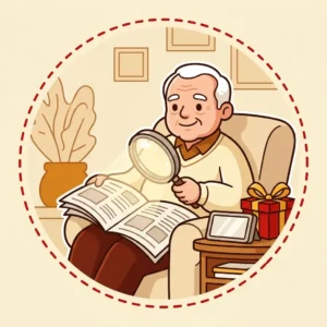 Ilustração em estilo cartoon de senhor idoso lendo jornal com uma lupa iluminada, ao lado de uma caixa de presente — presente para idoso de 80 anos