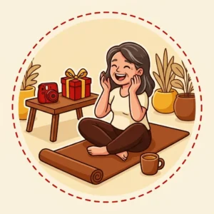 Ilustração em estilo cartoon de mulher de 50 anos sentada num tapete de yoga na sala, ao lado de uma câmera instantânea e uma caixa de presente — presente para mulher de 50 anos