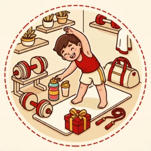 Ilustração em estilo cartoon de pessoa treinando em casa com halteres, tapete, corda de pular, garrafa de água e coqueteleira — presente para quem gosta de academia