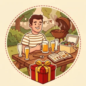 Ideias de Presente para Quem Gosta de Cerveja: 10 que Melhoram o Gole Ilustração em estilo cartoon de homem num churrasco com caneca de chopp, taças, abridor, caixa térmica e livro de cerveja — presente para quem gosta de cerveja