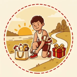 Ideias de Presente para Quem Gosta de Correr: 10 para Proteger, Hidratar e Recuperar Ilustração em estilo cartoon de corredor amarrando o tênis num parque com cinto de hidratação, braçadeira, meias, protetor solar e rolo de espuma — presente para quem gosta de correr