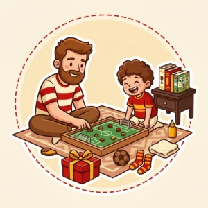 Ideias de Presente para Quem Gosta de Futebol: 10 para Jogar, Ler e Levar para a Pelada Ilustração em estilo cartoon de pai e filho jogando futebol de botão na sala, com bola, meiões, toalha, garrafa e livros de futebol — presente para quem gosta de futebol