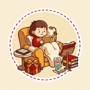 Ideias de Presente para Quem Gosta de Ler: 10 que Fazem Ler Mais e Melhor Ilustração em estilo cartoon de leitor numa poltrona com luz de leitura, e-reader, apoio de livro, marcadores e marca-textos — presente para quem gosta de ler