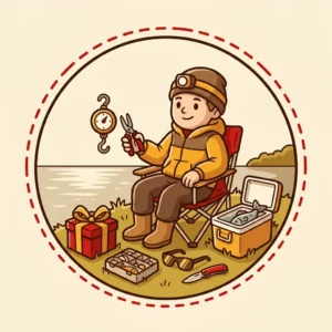 Ideias de Presente para Quem Gosta de Pescar: 10 para a Caixa, a Cadeira e a Madrugada Ilustração em estilo cartoon de pescador numa cadeira dobrável à beira do lago com lanterna de cabeça, alicate com balança, caixa térmica e óculos polarizados — presente para quem gosta de pescar
