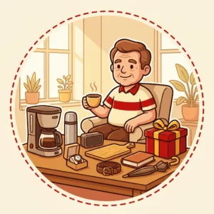 Presente para Sogro: 10 Ideias que Ele Usa e que Não Pedem Intimidade Ilustração em estilo cartoon de senhor na sala com cafeteira, garrafa térmica, relógio, tábua de frios, cinto, caixa de som, livro e guarda-chuva — presente para sogro