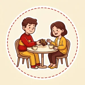 Presente para Primeiro Encontro: 10 Ideias que Cabem na Bolsa Ilustração em estilo cartoon de duas pessoas num primeiro encontro em um café, uma entregando uma caixinha de cartas à outra — presente para primeiro encontro